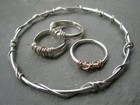 Silver Bangle and Rings with Silver or 9ct Gold Wire Detail